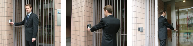 The business center has two doors. The first is reinforced metal and the second is glass with Net2 set up to work with the knob. Cameras monitor and record people as they enter.